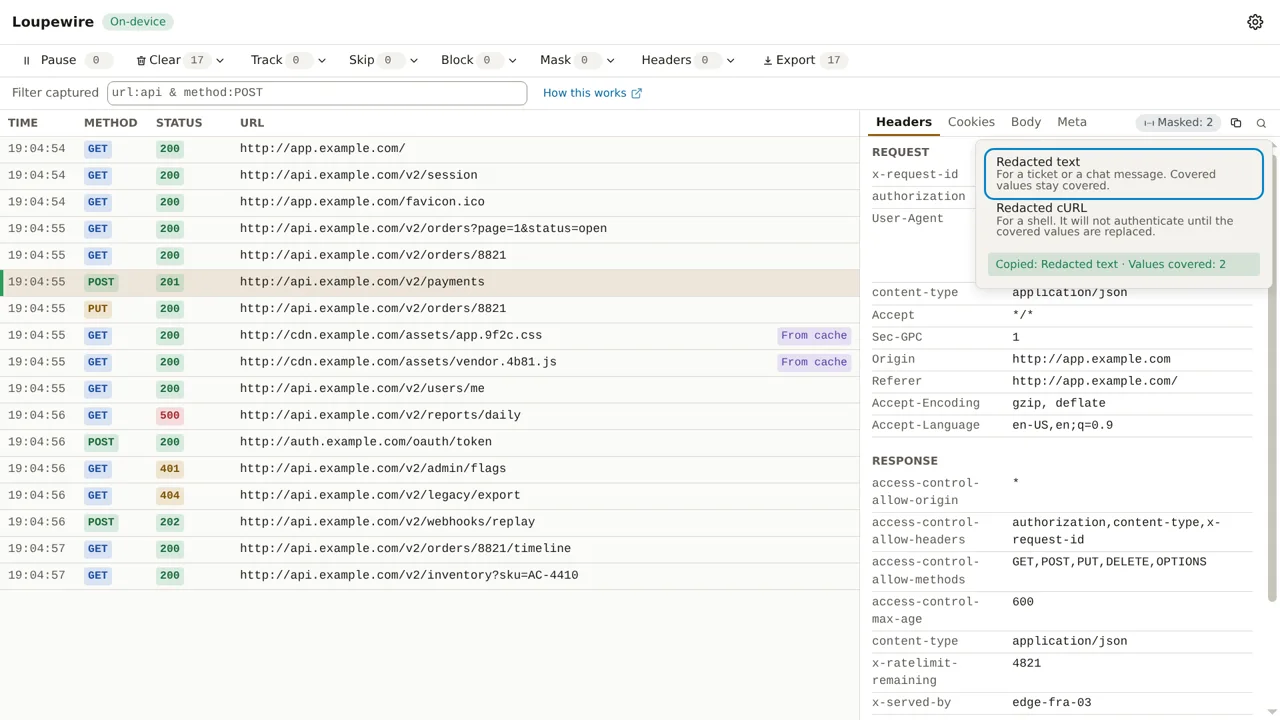 The copy menu after choosing Redacted text, with a green confirmation reading Copied, Redacted text, Values covered 2