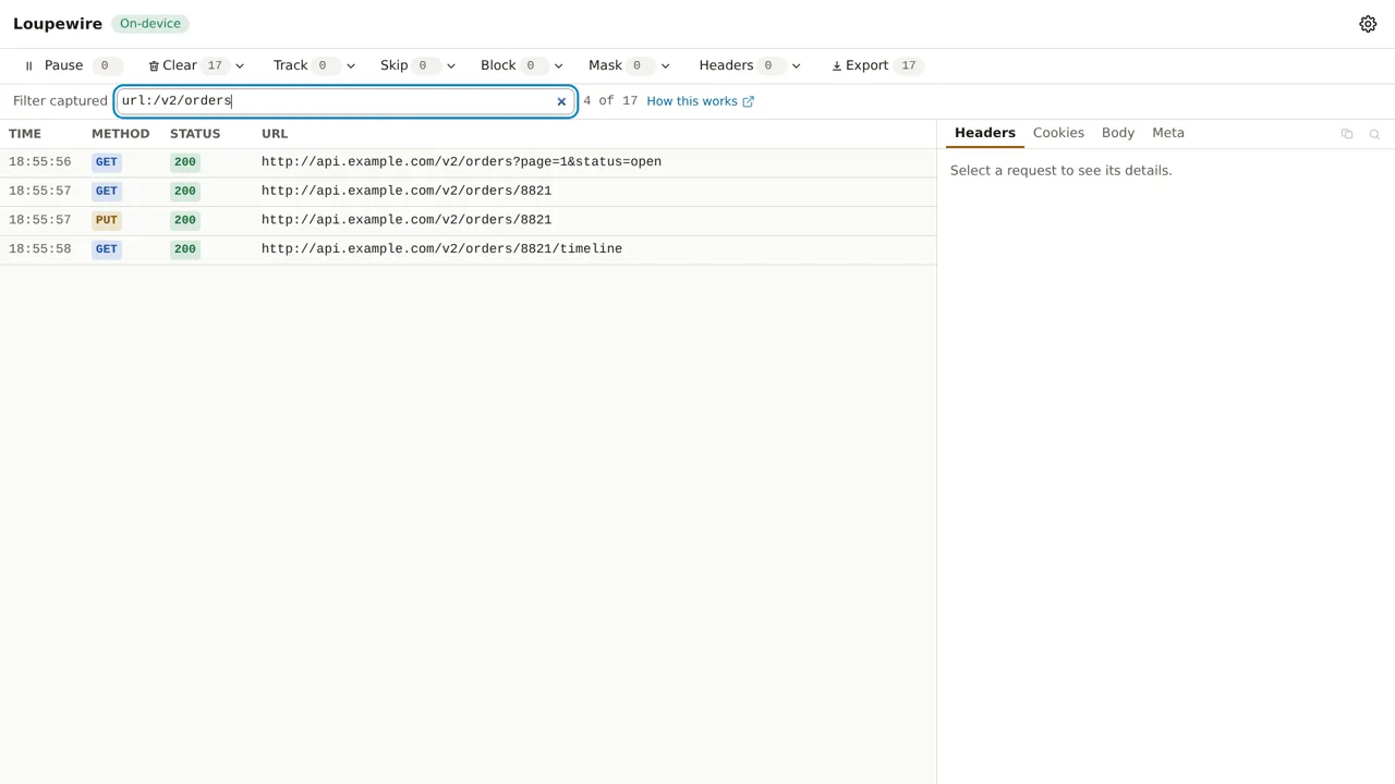 The filter bar reading url colon slash v2 slash orders, four rows shown, and the count 4 of 17 beside the box