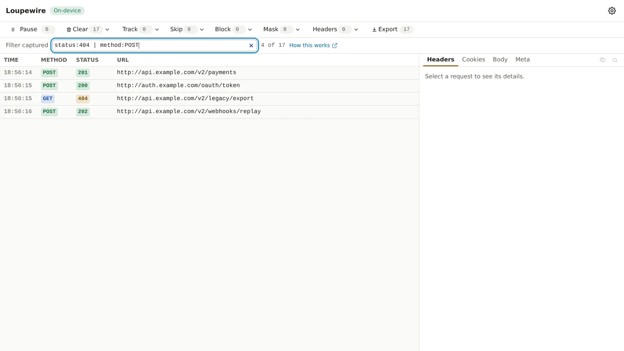 The filter bar reading status colon 404 pipe method colon POST, showing three POST rows and one 404