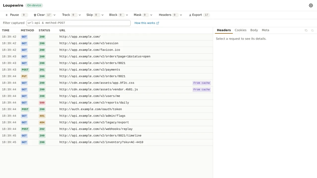 The tracker after loading a page: rows from app, api, cdn and auth hosts, statuses from 200 to 500