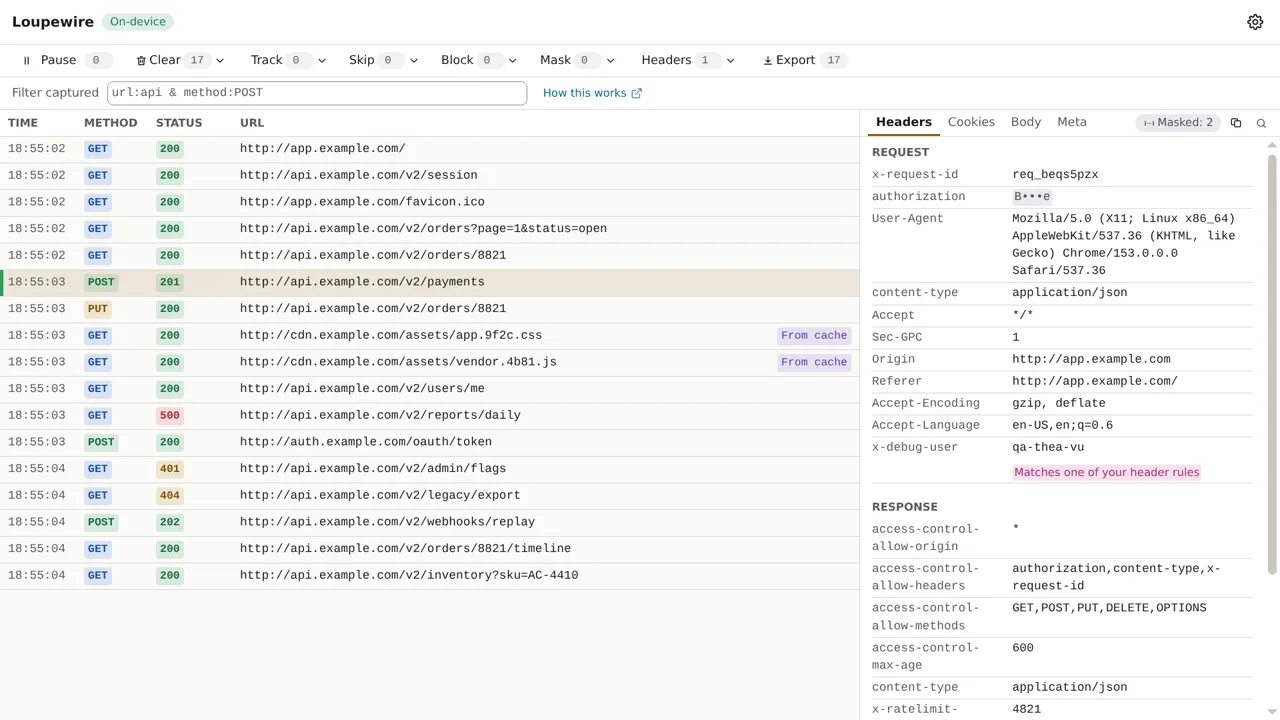 A POST to api.example.com selected in the table; the Headers panel lists x-debug-user with the note "Matches one of your header rules"