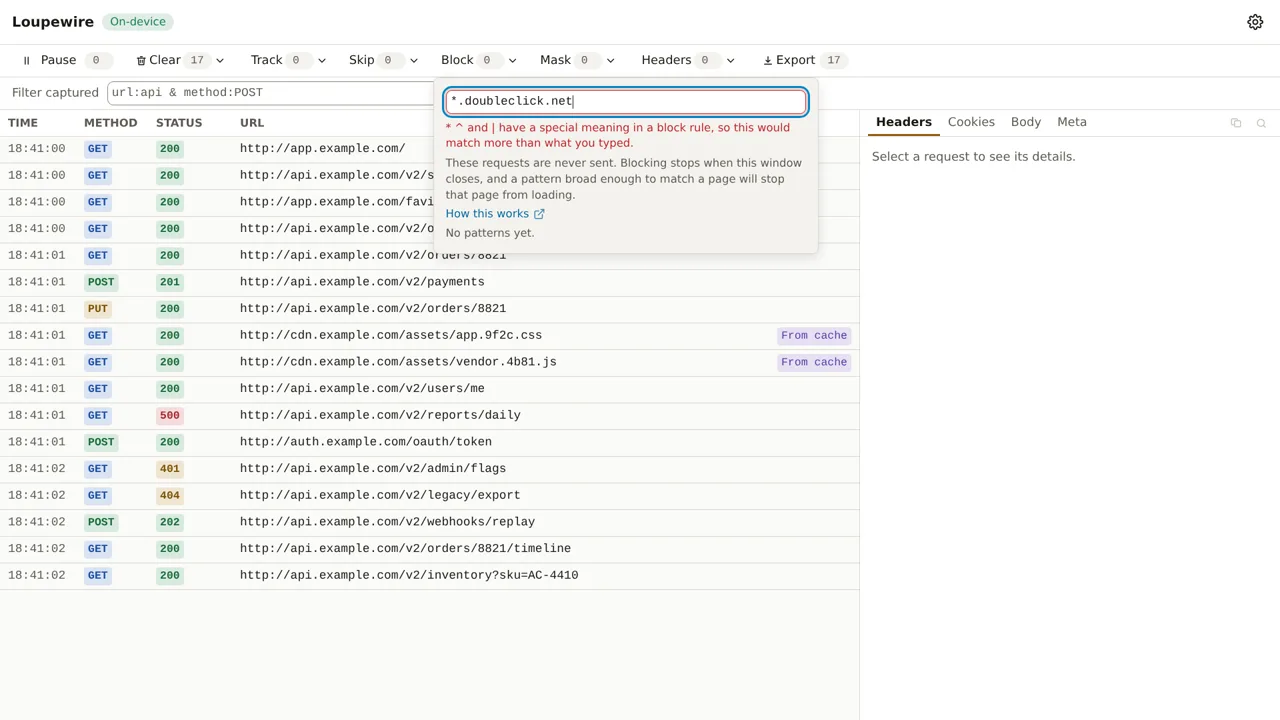 The Block popover with star dot doubleclick dot net typed in, a red refusal message below the input, and the list still reading No patterns yet