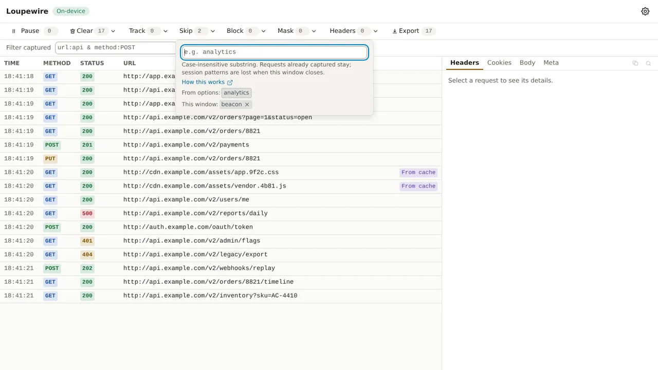 The Skip popover listing two chips: From options analytics with no remove button, and This window beacon with one