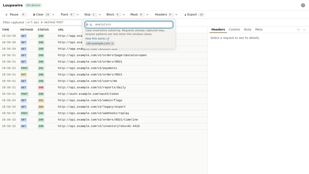 The Skip popover holding the chip cdn.example.com, over a table of fifteen rows with no cdn request among them